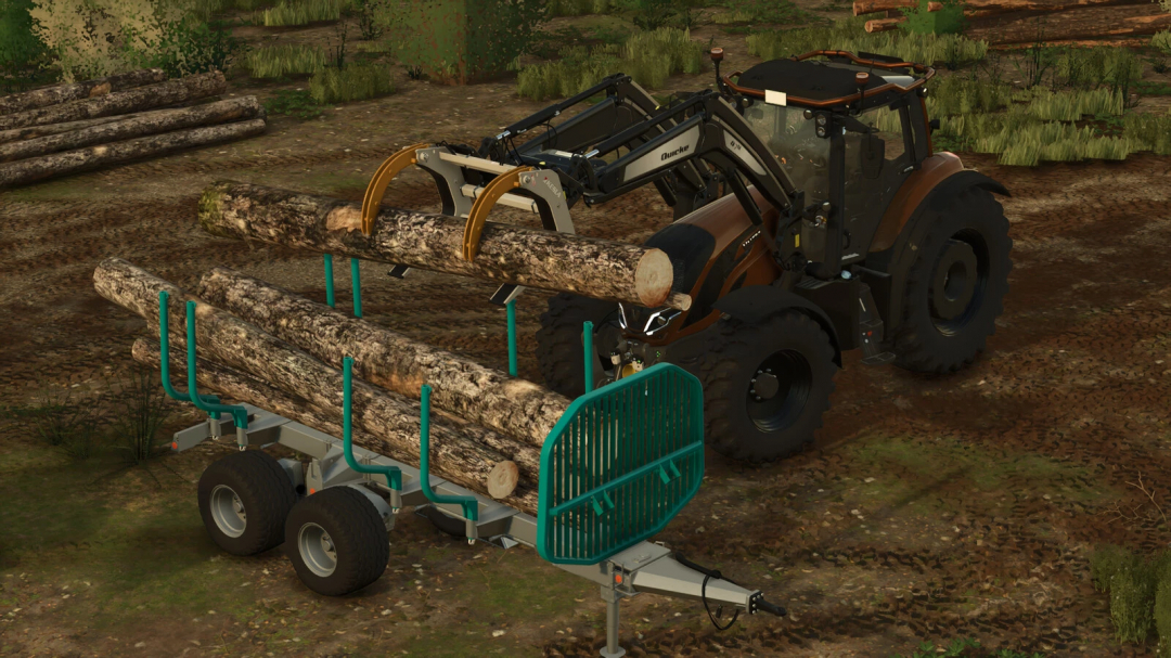 Tractor loading logs onto a trailer using the Kesla Forestry Pack in FS25 mod.