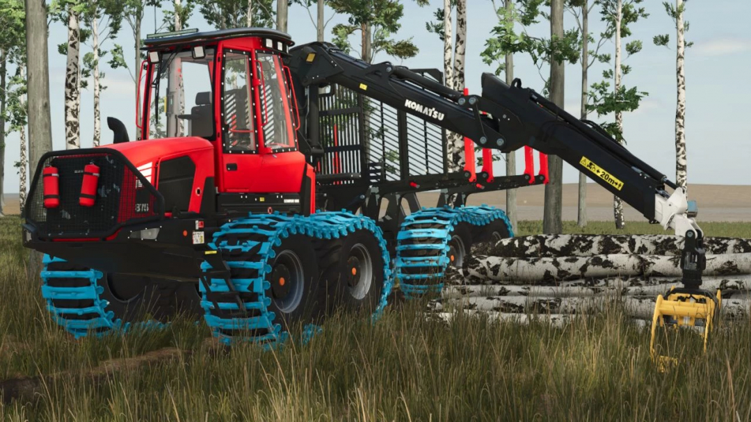 Komatsu 875 Loadflex mod in FS25, featuring a red forestry machine with blue tracks and a lifting arm.