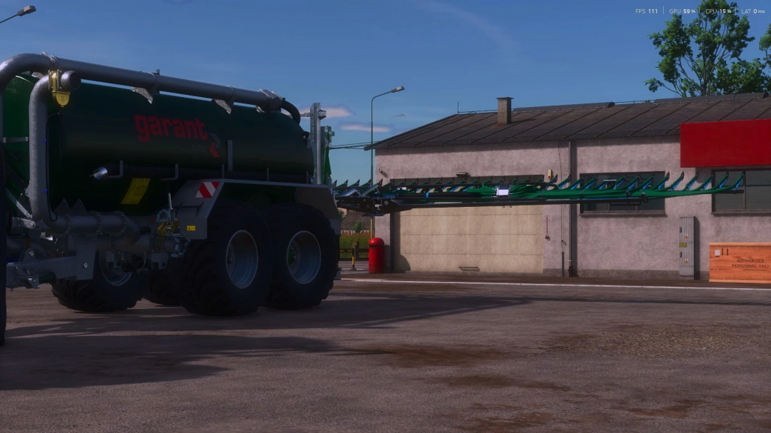 FS25 mod Kotte PT 18000 v1.0.0.0, a tanker with an extended arm, parked near a building in Farming Simulator 25.