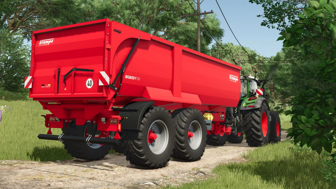 Krampe BigBody 750 trailer in FS25 mod, attached to a tractor, displayed on a farm road.