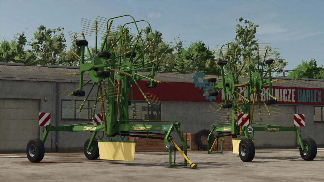 Krone Swadro 900 mod for FS25, showing detailed hay rake machinery outside a farm building.