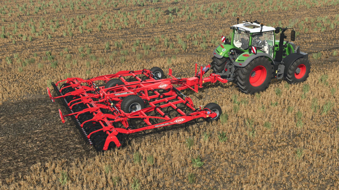 Kuhn Prolander 6000 mod in FS25, attached to a green tractor, cultivating a field.