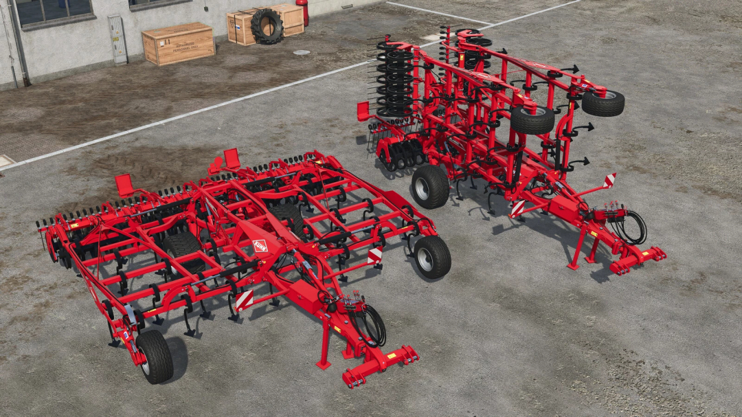 Kuhn Prolander 6000 mod for FS25 showing red cultivators in a yard. Farming Simulator 25 mods equipment.