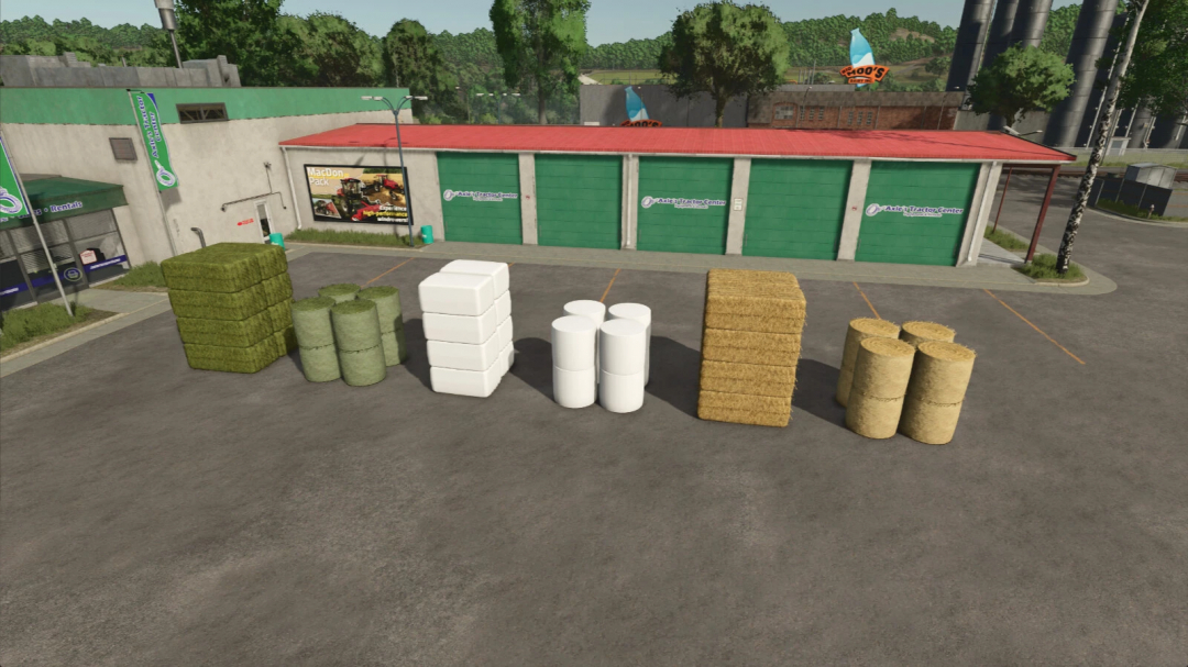 Liftable pallets and bales at a shop in FS25, Farming Simulator 25 mod.