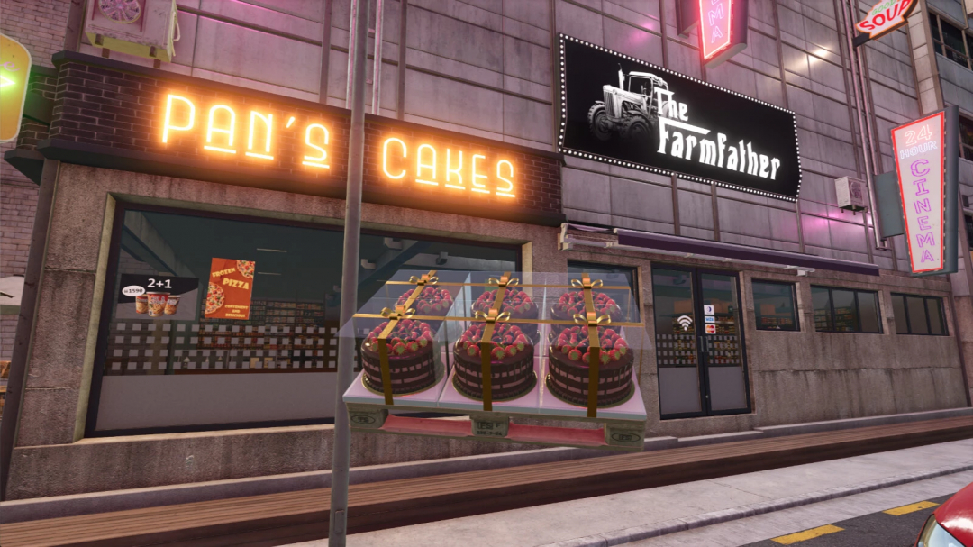 FS25 mod Liftable Pallets And Bales v1.0.2.0 showing a bakery storefront with cakes displayed outside.