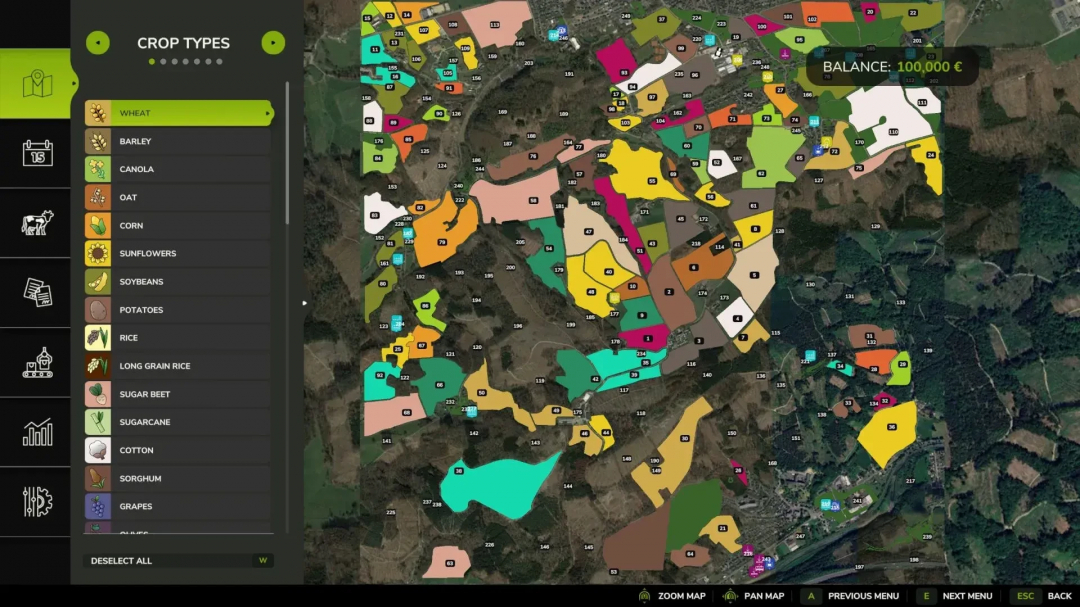 FS25 mods Lindlar 4x v5.0.0.0 map with diverse crop fields and types displayed, showcasing game strategy.