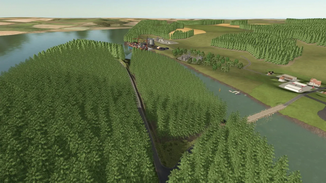 Lindlar 4x v5.0.0.0 mod in FS25 showing a vast landscape with forests, a river, and farmland.