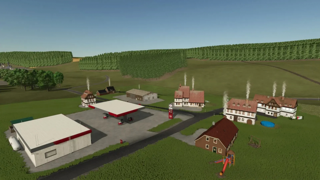 Lindlar 4x mod v5.0.0.0 in FS25 showing a rural village with buildings, a gas station, green fields, and trees.