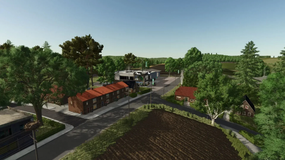 Aerial view of Lindlar 4x map in FS25 mod, showcasing buildings, roads, and trees.