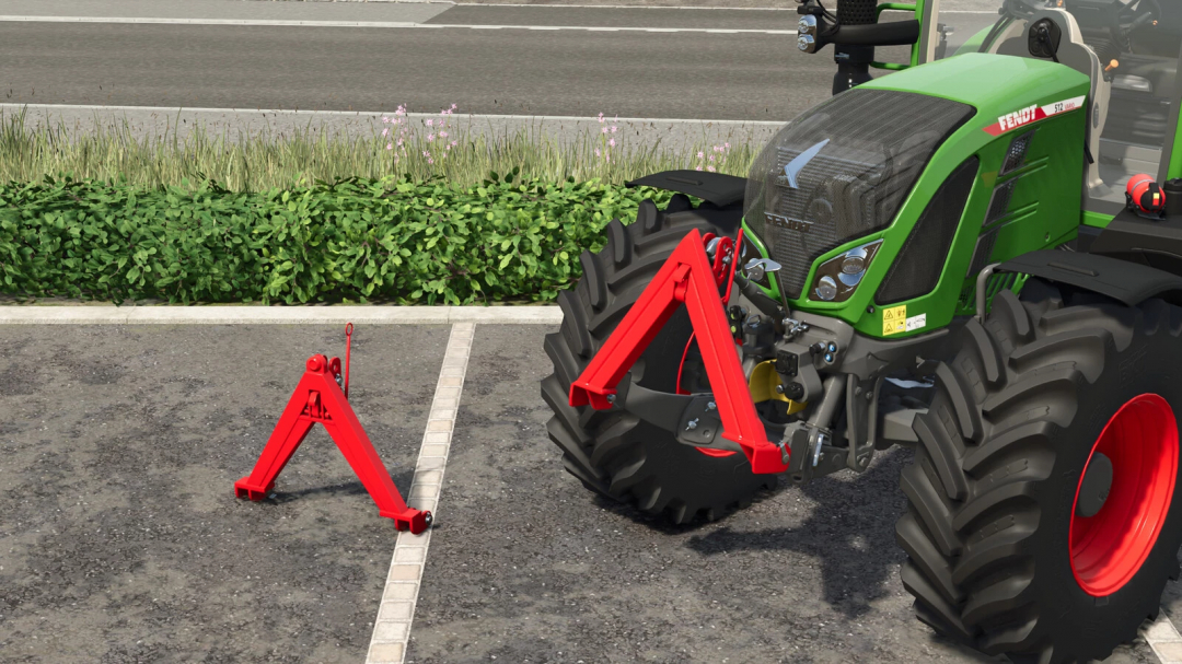 FS25 mod Lizard Coupler Triangles v1.0.0.0 with red coupler next to a tractor.