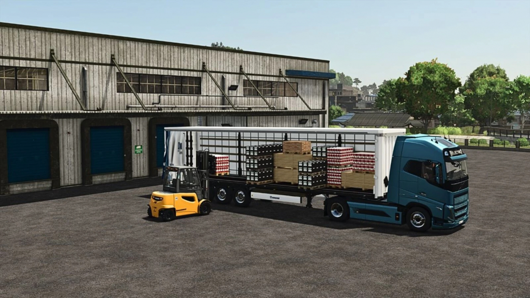 FS25 mods Logistics Center v1.0.0.0 features a forklift loading a truck next to a warehouse.