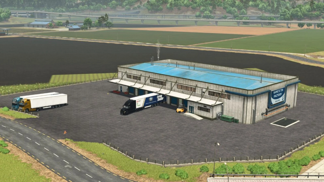 Logistics Center in FS25 mod with trucks and warehouse, enhancing Farming Simulator 25 gameplay.