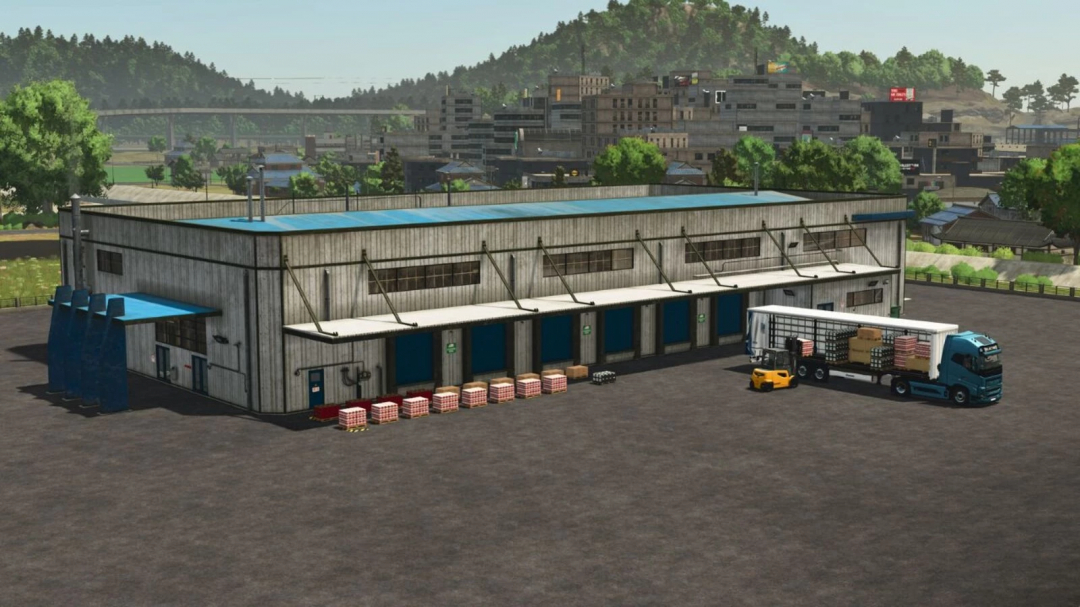 Logistics Center mod for FS25 showing a warehouse with trucks and crates, set in Farming Simulator 25.