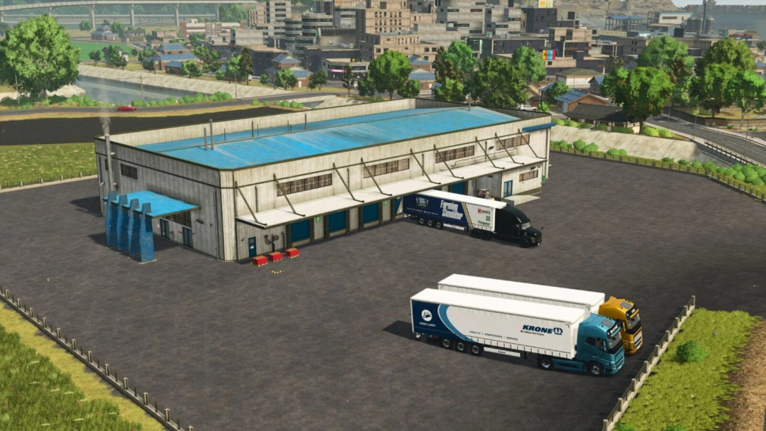 Logistics Center mod for FS25 featuring trucks and storage building in Farming Simulator 25.