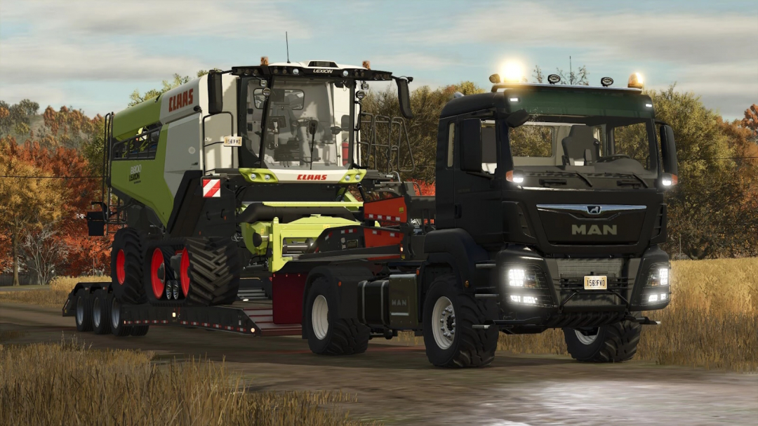 MAN TGS 18.500 4x4 FS25 mod towing a Claas combine on a trailer in Farming Simulator 25.