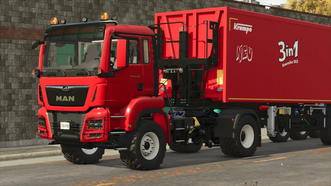 Red MAN TGS 18.500 4x4 truck mod for FS25 parked next to a red trailer.