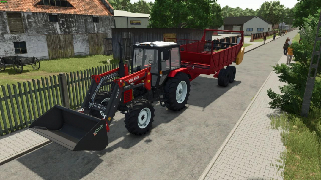 MTZ 800-1000 Series tractor mod in FS25 with a red trailer on a farm road.