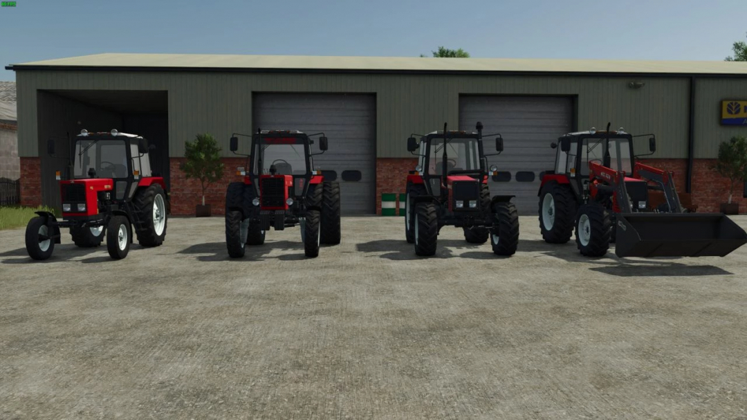 Lineup of four MTZ tractors outside a shed, featured in FS25 mods, Farming Simulator 25.