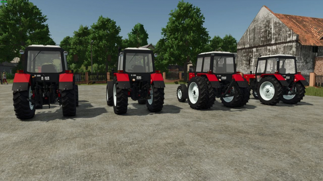 Five MTZ 800-1000 Series tractors parked, showcased as FS25 mods, providing diverse farming options in Farming Simulator 25.