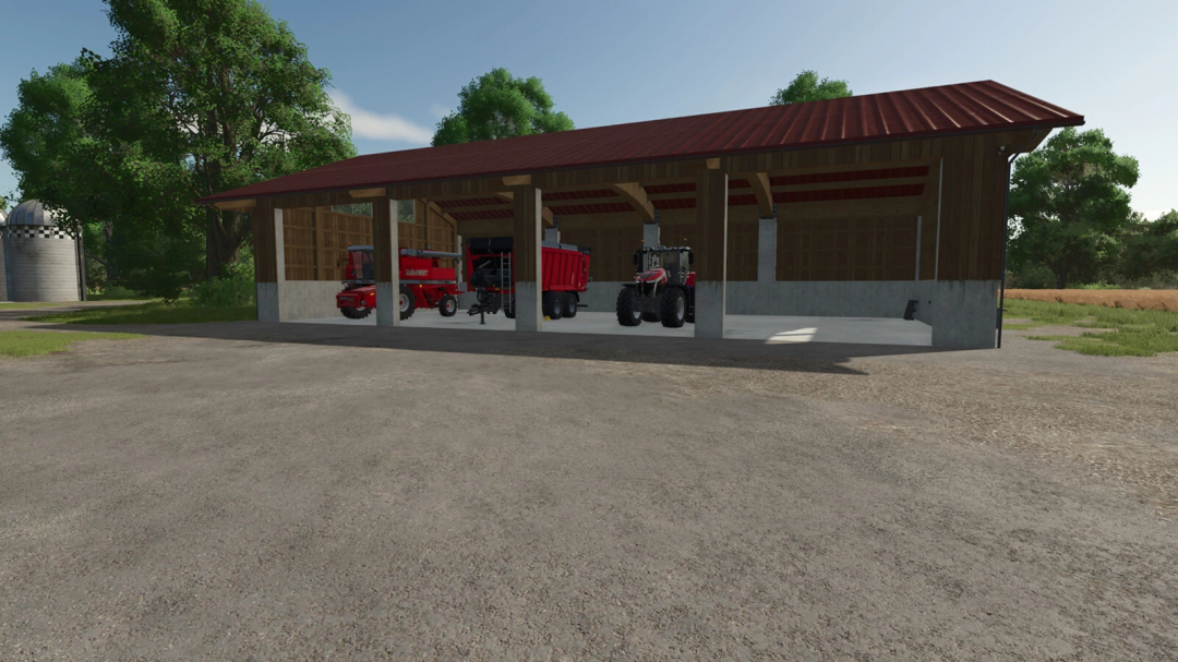 Machine Hall for Farming Simulator 25, storing red farming equipment and tractors. FS25 mods showcase.