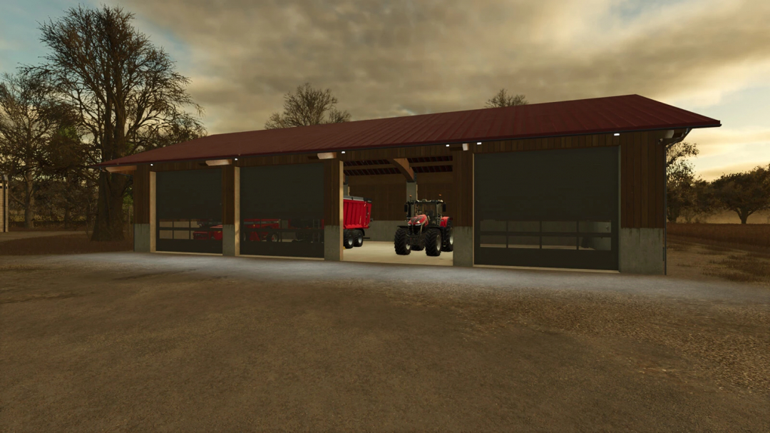 FS25 mod Machine Hall v1.0.0.0 featuring a large shed with parked tractors inside, in a farming environment.