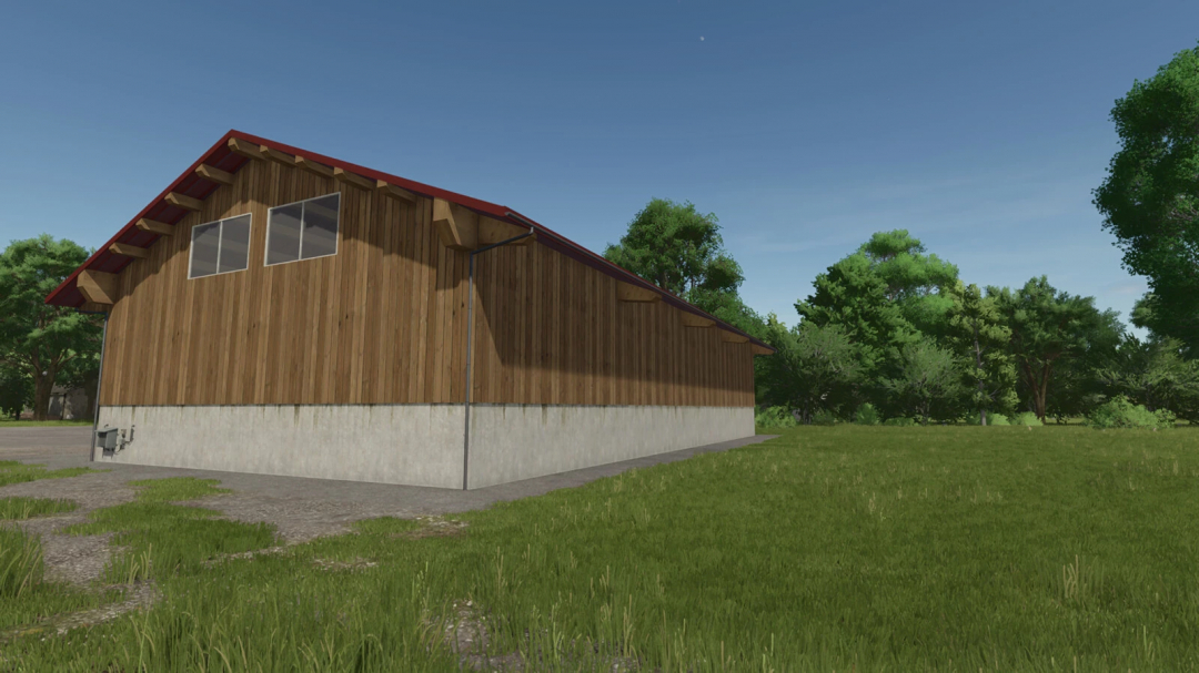 FS25 mod Machine Hall v1.0.0.0, wooden and concrete structure in a grassy field from Farming Simulator 25.