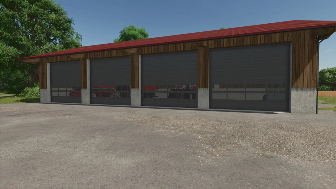 Machine Hall mod v1.0.0.0 for FS25 with red roof and closed doors in a rural setting.