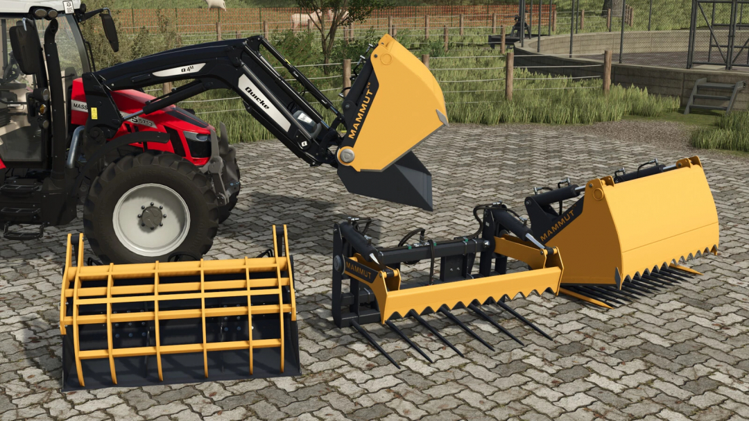 Mammut Equipment Pack v1.0.0.0 for FS25 includes various attachments on a tractor, enhancing Farming Simulator 25 gameplay.