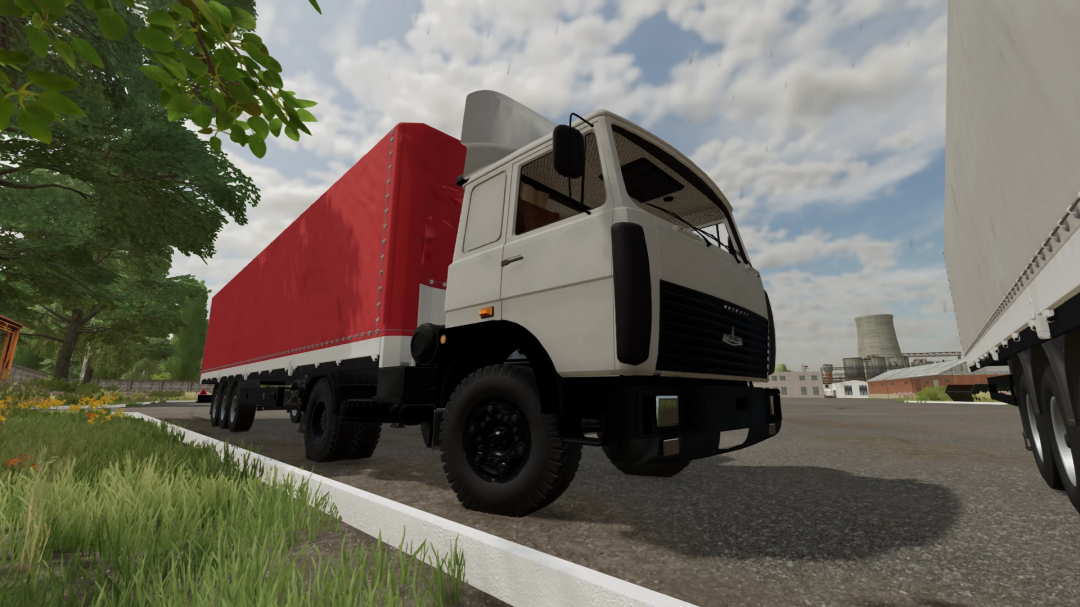 White Maz 5432 truck with red trailer in FS22 mod, set in a rural environment.