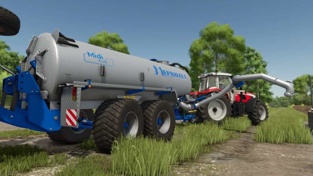 FS25 mod Meprozet PN-160 v1.0.0.0 tanker trailer hitched to a red tractor on a farm.