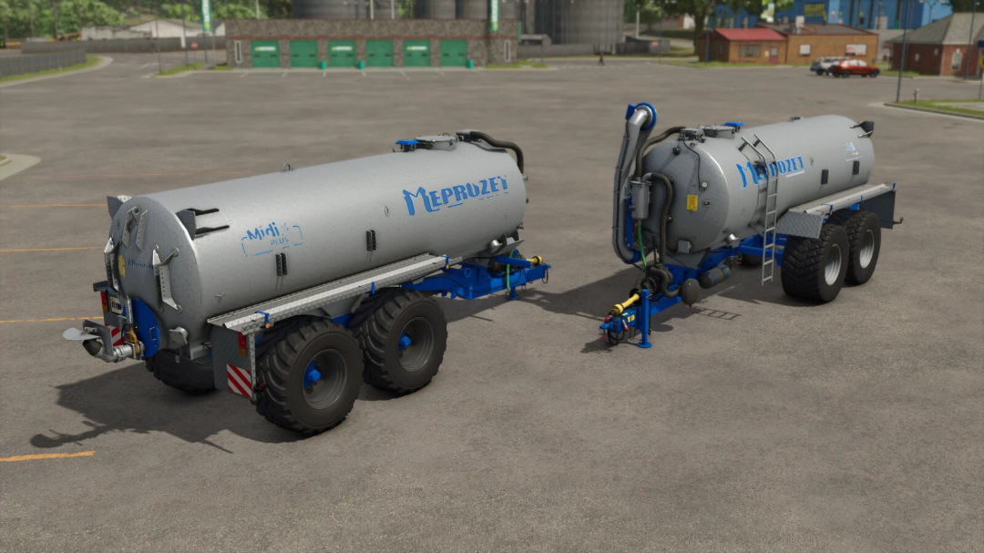 FS25 mod Meprozet PN-160 v1.0.0.0, showcasing two tank trailers in a parking lot.