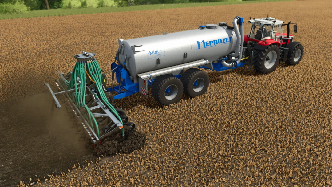 Meprozet PN-160 mod in Farming Simulator 25, a slurry tank trailer attached to a tractor in a field.