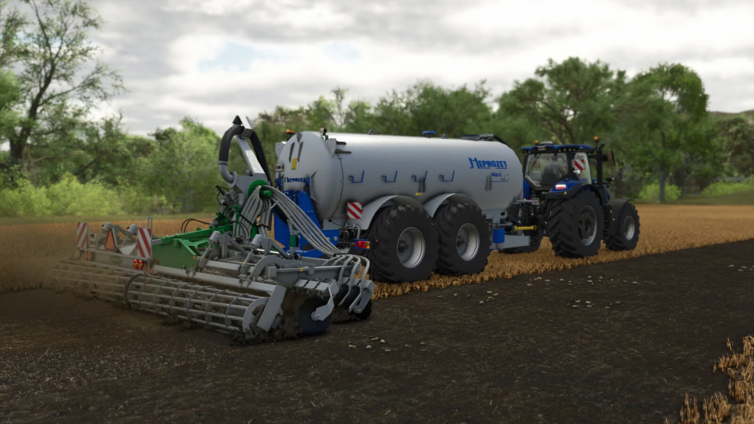 FS25 mod Meprozet PN-180 2W Plus v1.0.0.0 in a field, featuring a tractor with attachment.