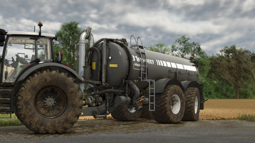 FS25 mod Meprozet PN-180 2W Plus v1.0.0.0, a tractor with a large slurry tank on a farm.