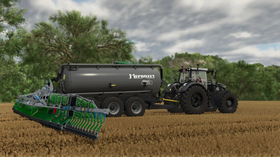 FS25 mod Meprozet PN-240 Maxi 3 Plus attached to tractor in field.