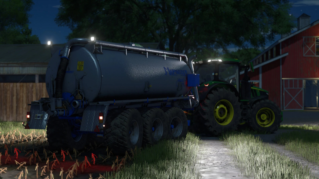 FS25 mod image of Meprozet PN-240 Maxi 3 Plus v1.0.0.0, featuring a trailer at night beside a red barn.