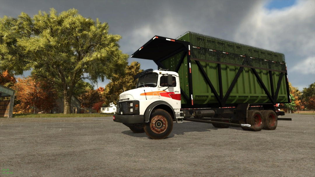 Mercedes 1313 truck mod in FS25, parked on a farm with trees in the background.