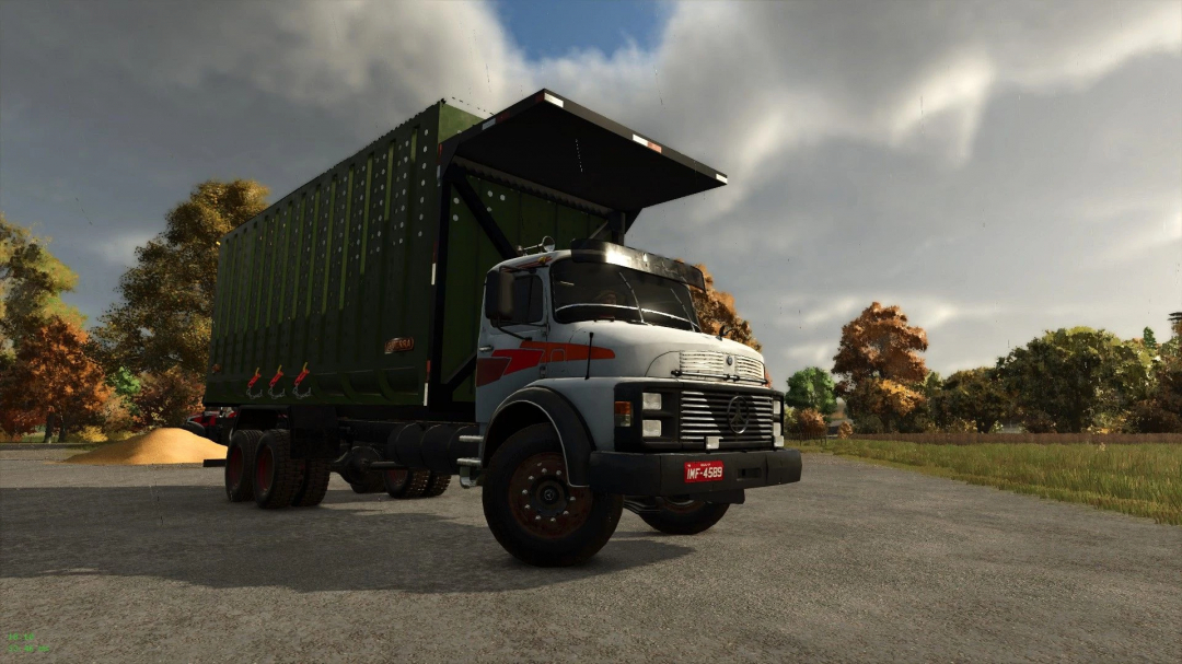 Mercedes 1313 truck mod in FS25, featuring a vintage design on a rural farm road.