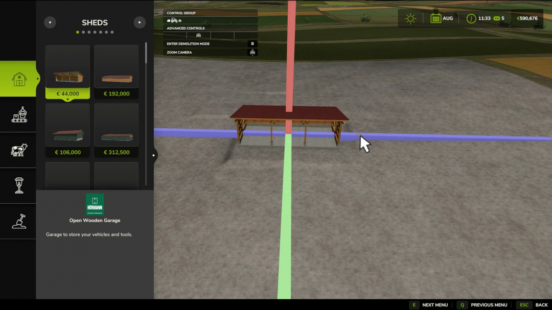 FS25 Move Placeables mod interface showing shed placement options.