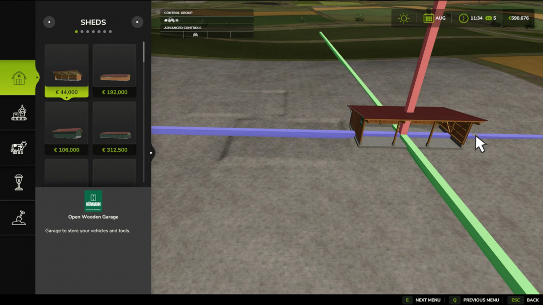 FS25 Move Placeables mod interface showing shed placement options on a farm terrain.