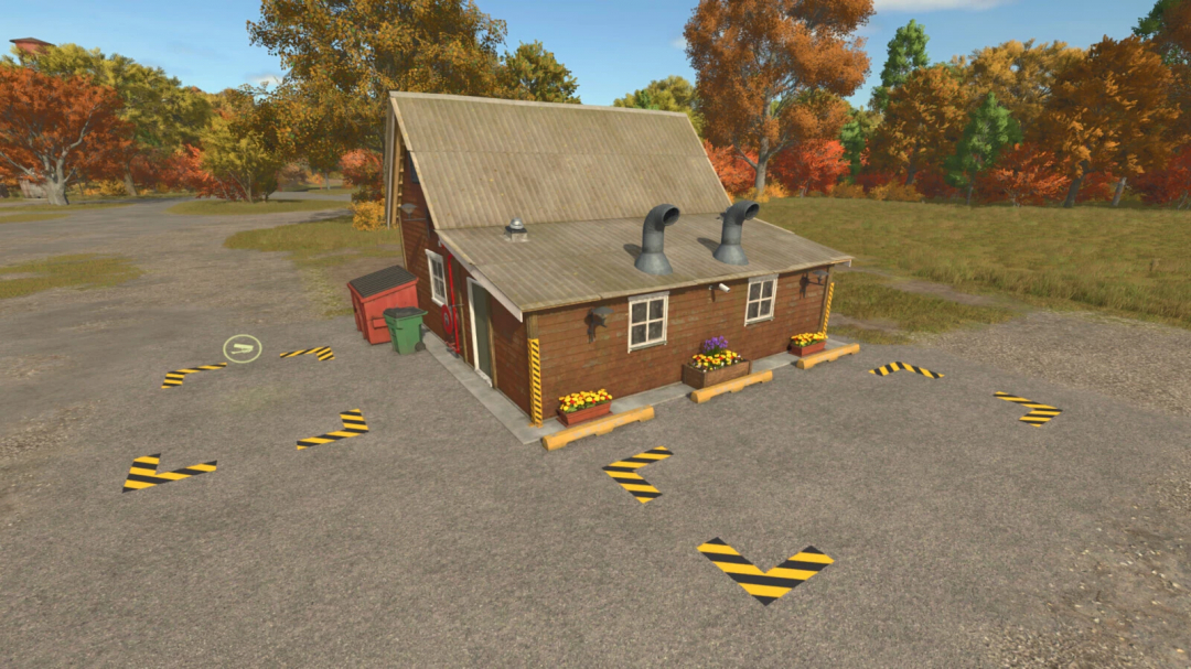 FS25 mods - Multi Grain Production building in Farming Simulator 25 with autumn trees and road markings.