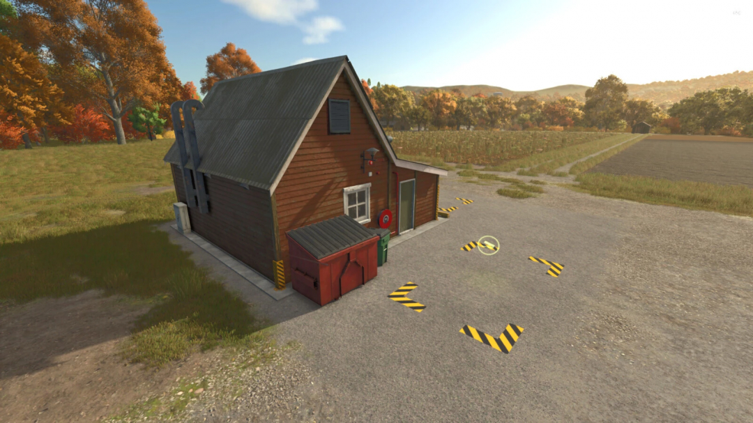 FS25 mod Multi Grain Production v1.0.0.2 featuring a barn in a rural landscape with autumn trees, showcasing Farming Simulator 25 enhancements.