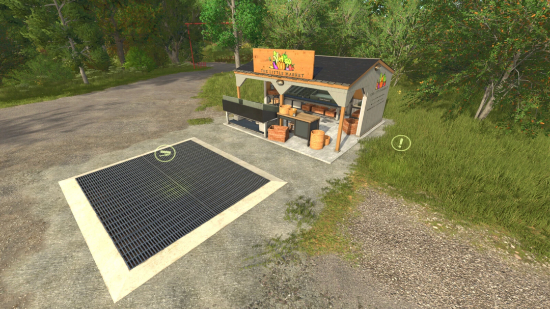 FS25 mod Multi Grain Production v1.0.0.2 featuring a market stall surrounded by trees and grass.