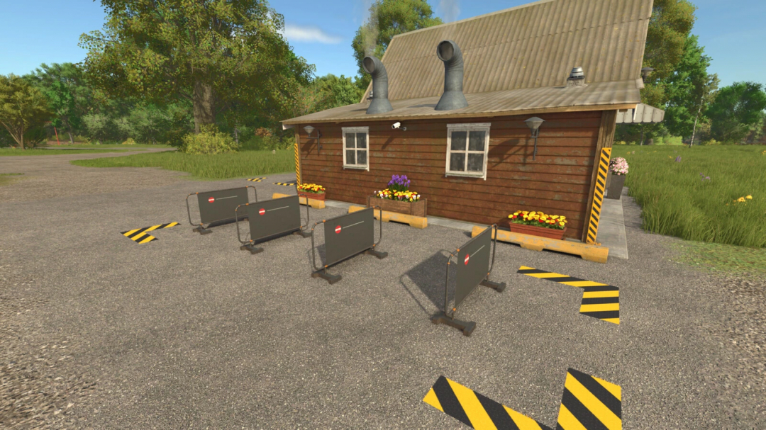 FS25 Multi Grain Production mod showing a rustic building with chimneys and barriers, enhancing gameplay environment.