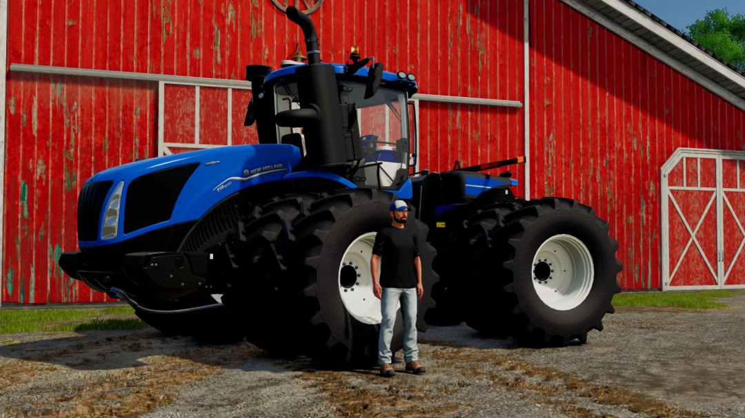 New Holland T9 tractor in FS25 mod next to a person by red barn.