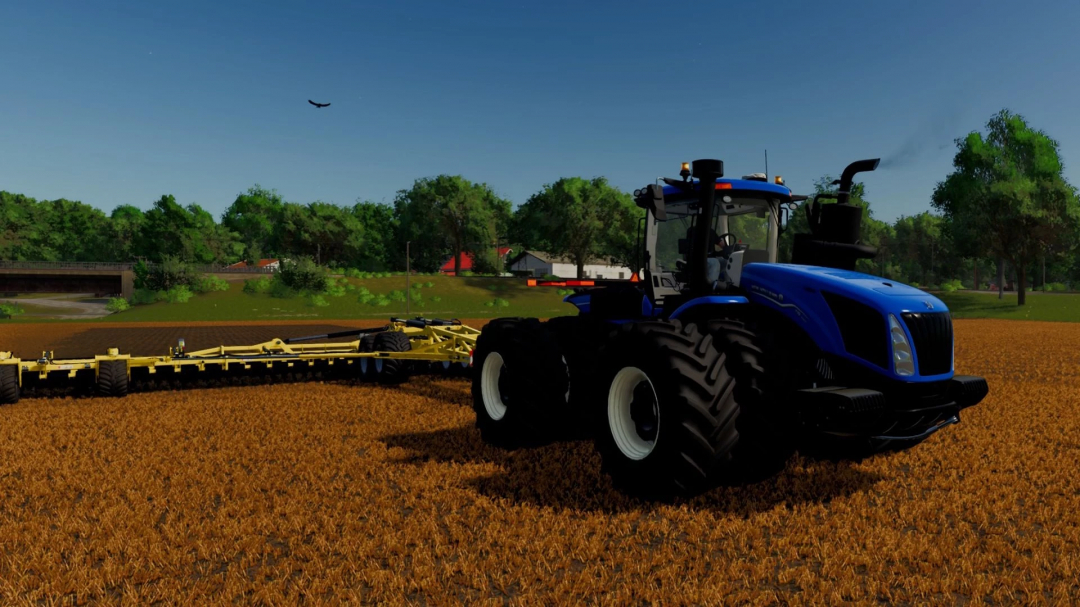 New Holland T9 tractor mod in FS25 on a farm field under a clear sky.