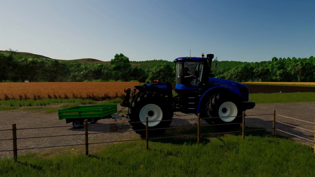 New Holland T9 tractor mod in FS25, parked on a farm road next to fields.