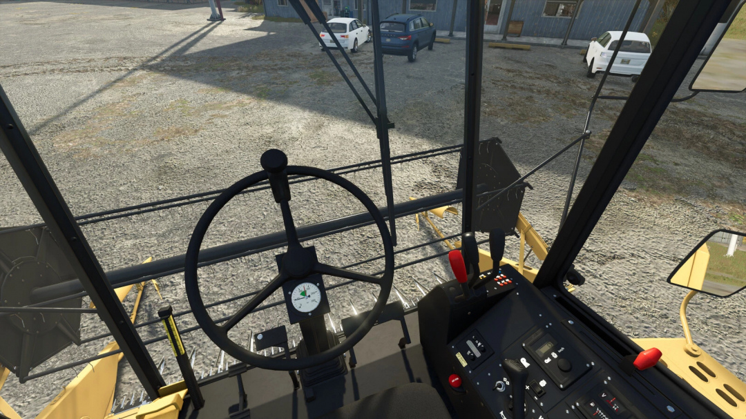 Interior view of New Holland TX 32 mod cabin in Farming Simulator 25, showcasing steering controls and dashboard.