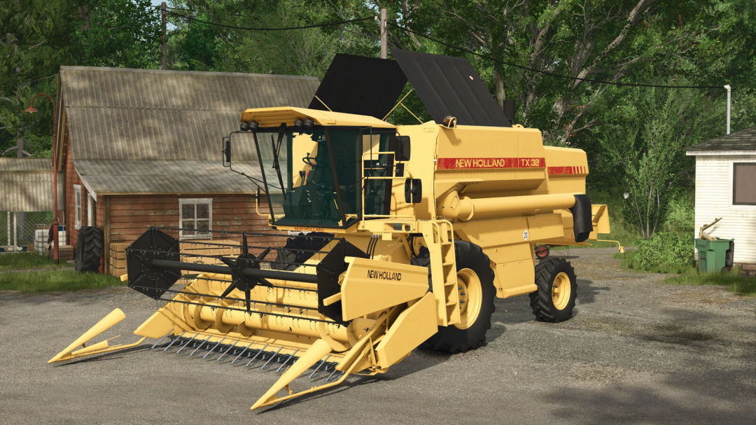 New Holland TX 32 combine mod for Farming Simulator 25, displayed on a farm scene.