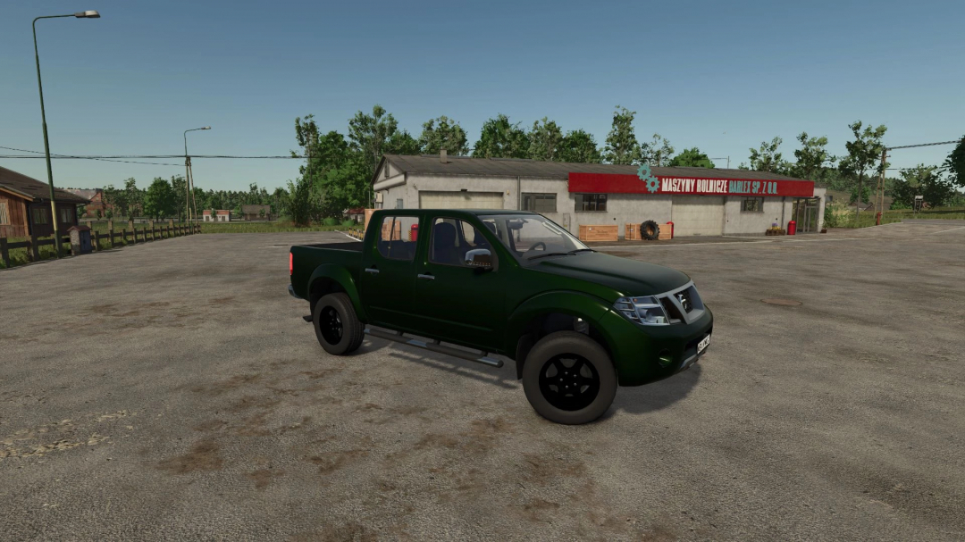 Nissan Navara 2013 mod in Farming Simulator 25, parked in front of a rural building with trees in the background.